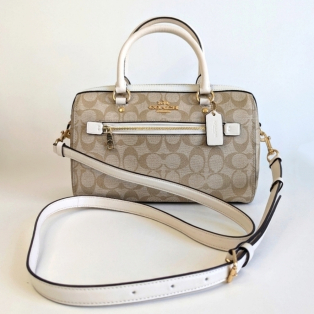 Coach Rowan Satchel Bag Signature Logo Taupe Canvas Leather Trim Crossbody Purse - Picture 2 of 16